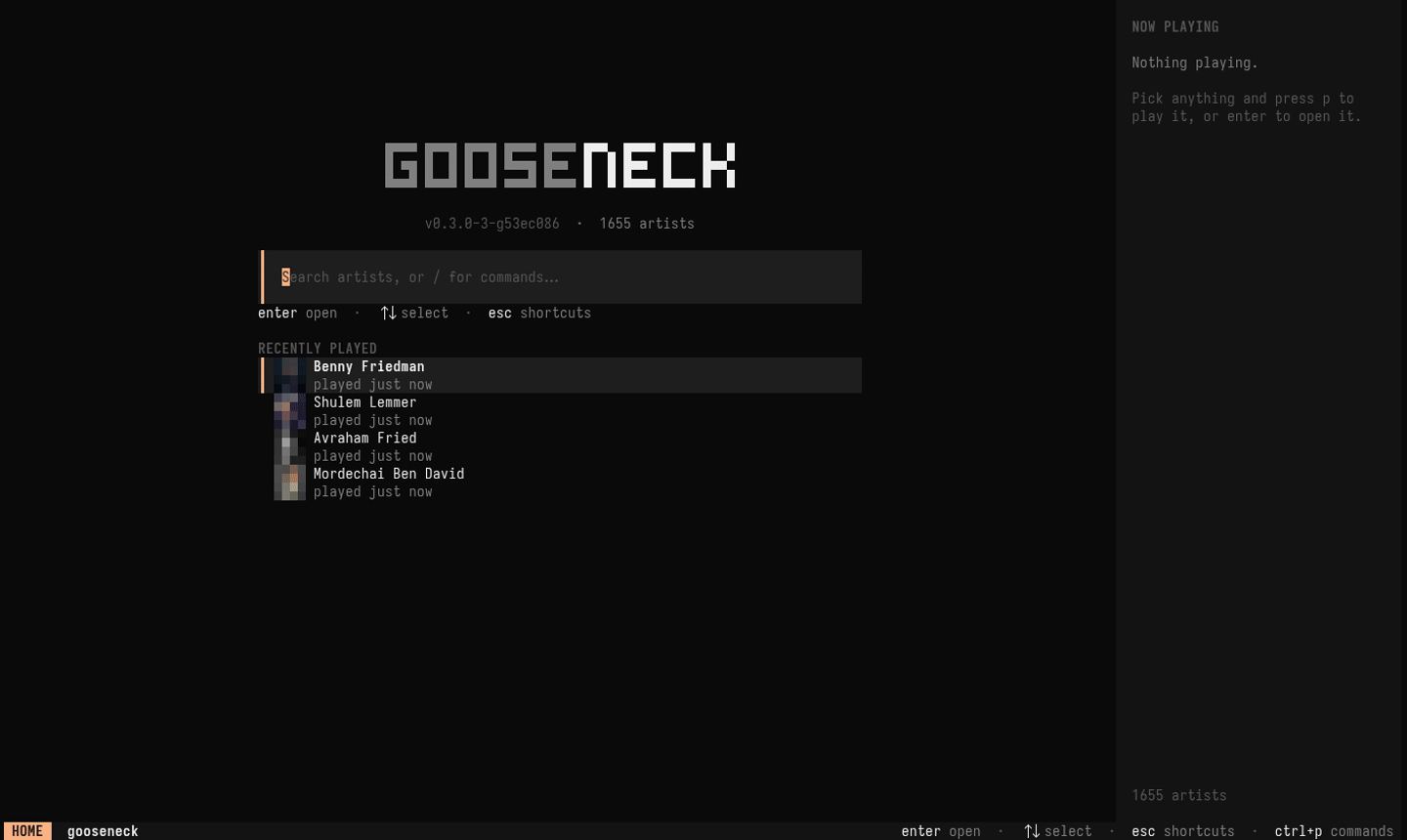 The gooseneck TUI: browsing artists, opening an album and playing it